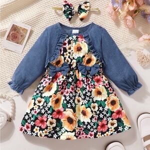 Children's Ruffled Bow Contrast Floral Dress with Headband